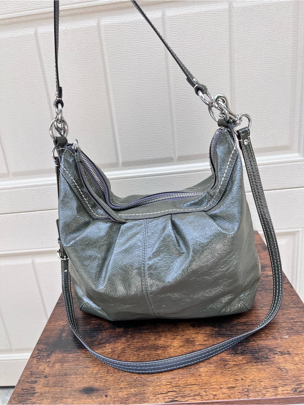 Coach Dark Green Metallic Leather Vintage Purse Shoulder Bag